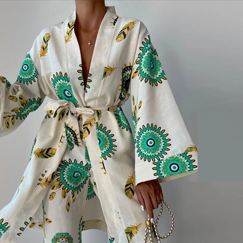 2022 Spring Autumn Pattern Print Outfits Women Deep V Neck Belted Cardigan & Wide Leg Pants Sets Retro Loose Homewear Suit Mujer
2022 Spring Autumn Pattern Print Outfits Women Deep V Neck Belted Cardigan & Wide Leg Pants Sets Retro Loose Homewear Suit Mujer