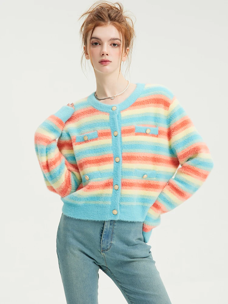

MOLAN Rainbow Striped Woman Cardigan Sweet Gentle Languid Top Autumn New O-Neck Casual Knit Sweater Cute Women's Fashion Coat