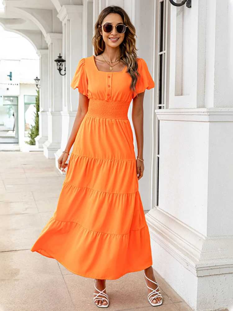 Women Puff Sleeve Casual Beach Floor-length Summer Sundresses Female Square Collar Solid Color Formal Dress
Women Puff Sleeve Casual Beach Floor-length Summer Sundresses Female Square Collar Solid Color Formal Dress