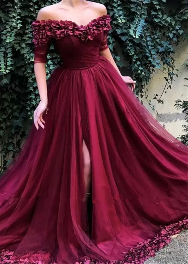 Burgundy Off The Shoulder Tulle A Line Long Evening Dresses 2023 Short Sleeves Ruched Split 3D Floral Formal Party Prom Dress
Burgundy Off The Shoulder Tulle A Line Long Evening Dresses 2023 Short Sleeves Ruched Split 3D Floral Formal Party Prom Dress