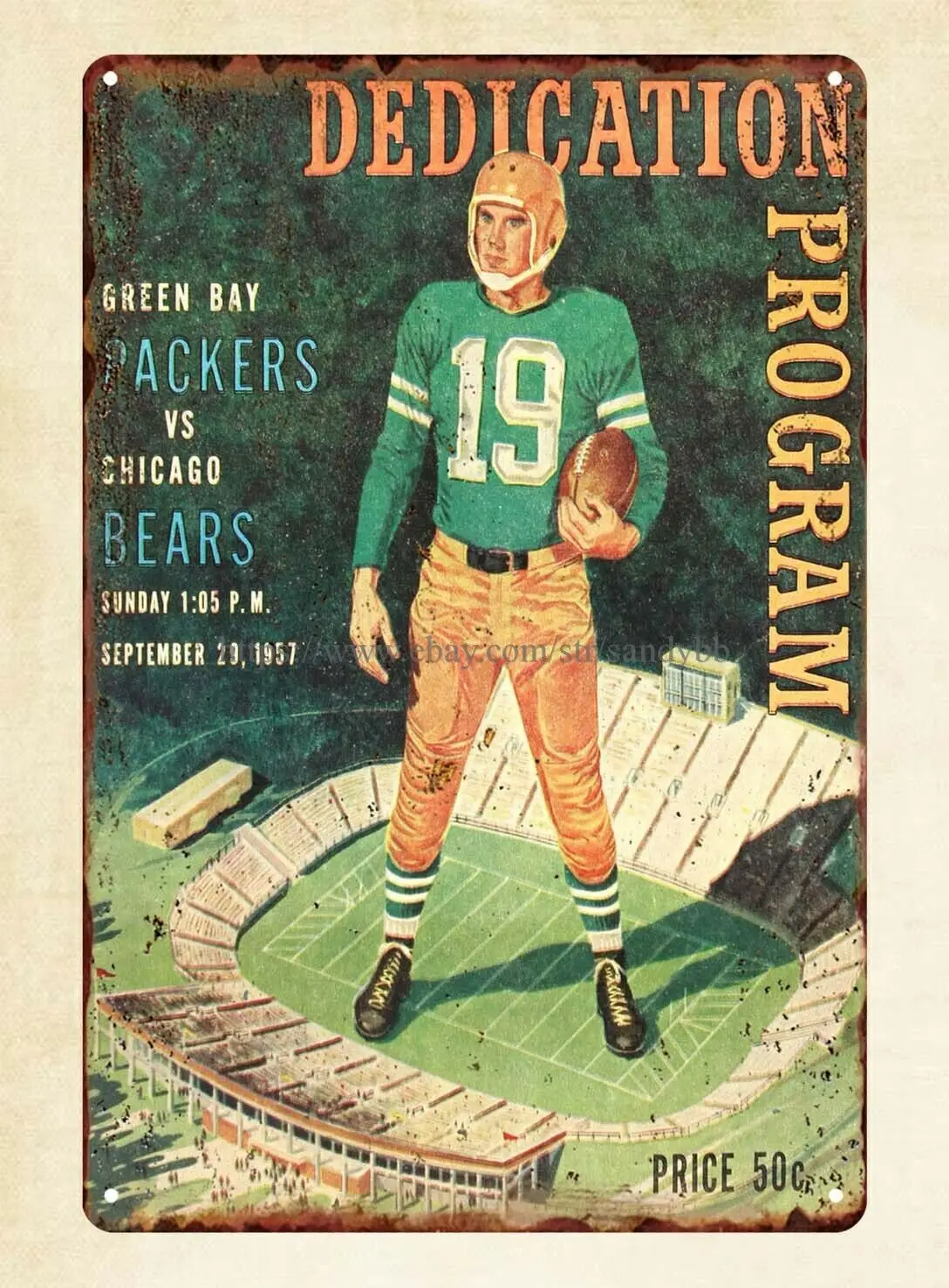 1957 программа посвящения в поле Lambeau, «зеленый Бей Пэкерс» против «Чикаго медведей» в олове
1957 программа посвящения в поле Lambeau, «зеленый Бей Пэкерс» против «Чикаго медведей» в олове
