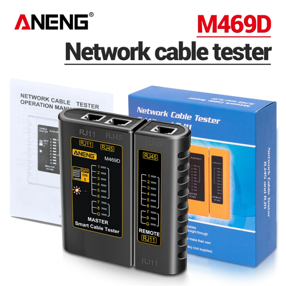 

Сетевой анализатор ANENG M469D, тестер RJ45, RJ11, RJ12, CAT5, UTP, для сетевого кабеля LAN, инструмент для ремонта сети