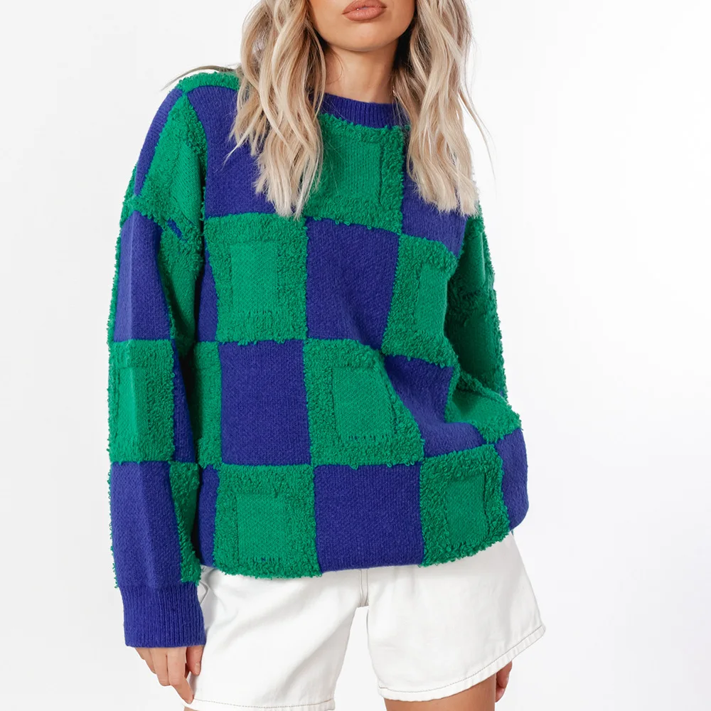 Autumn and Winter New Casual Checkerboard Plaid Knitted Pullover Fashion Color Matching Round Neck Long-sleeved Sweater Women 
Autumn and Winter New Casual Checkerboard Plaid Knitted Pullover Fashion Color Matching Round Neck Long-sleeved Sweater Women