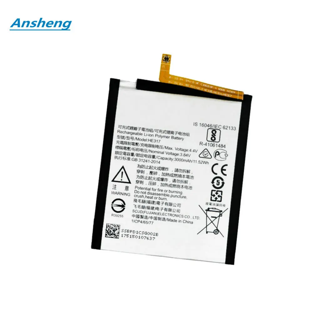 Original 3000mAh HE316 HE317 HE335 Battery For Nokia 6 TA-1000 TA-1003 TA-1021 TA-1025 TA-1033 TA-1039 Smartphone
Original 3000mAh HE316 HE317 HE335 Battery For Nokia 6 TA-1000 TA-1003 TA-1021 TA-1025 TA-1033 TA-1039 Smartphone