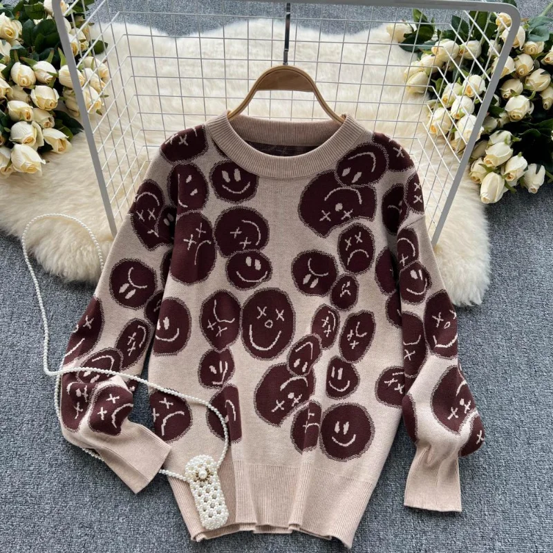 Hikigawa Chic Fashion Women Casual Cartoon smile Knitted Sweater Autumn Loose O Neck Long Sleeve Versatile Pullover Top Mujer
Hikigawa Chic Fashion Women Casual Cartoon smile Knitted Sweater Autumn Loose O Neck Long Sleeve Versatile Pullover Top Mujer
