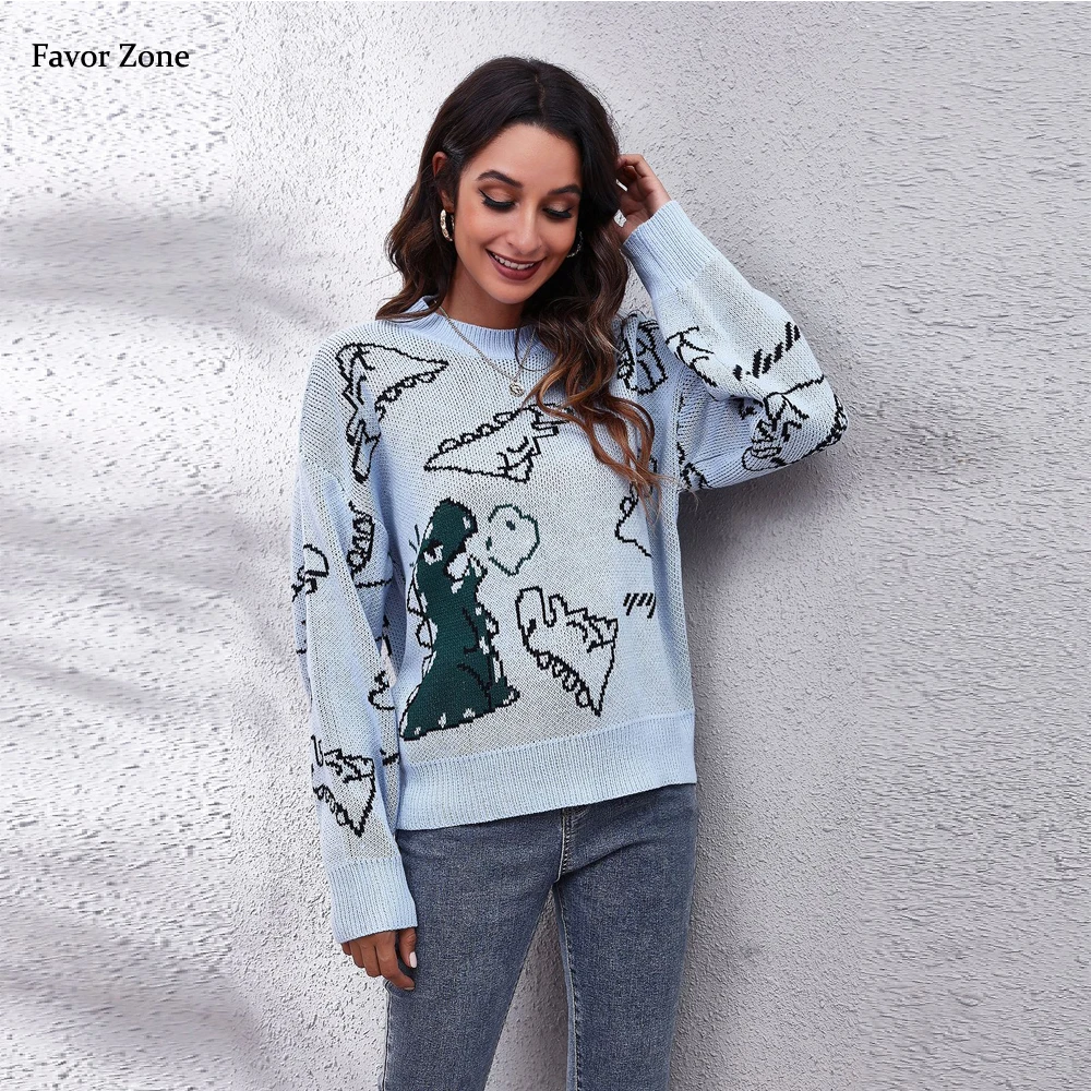 Cartoon Dinosaur Knitted Sweaters For Women Raglan Long Sleeve Casual Loose Soft Autumn Winter Pullover Tops Female Sweater Pull
Cartoon Dinosaur Knitted Sweaters For Women Raglan Long Sleeve Casual Loose Soft Autumn Winter Pullover Tops Female Sweater Pull