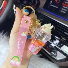 3pcs Creative Floating Strawberry Jelly Bean Snow Top Cup Liquid Keychain Girl Cute Ice Quicksand Bottle Milk Tea Cup Bag Keyfob
