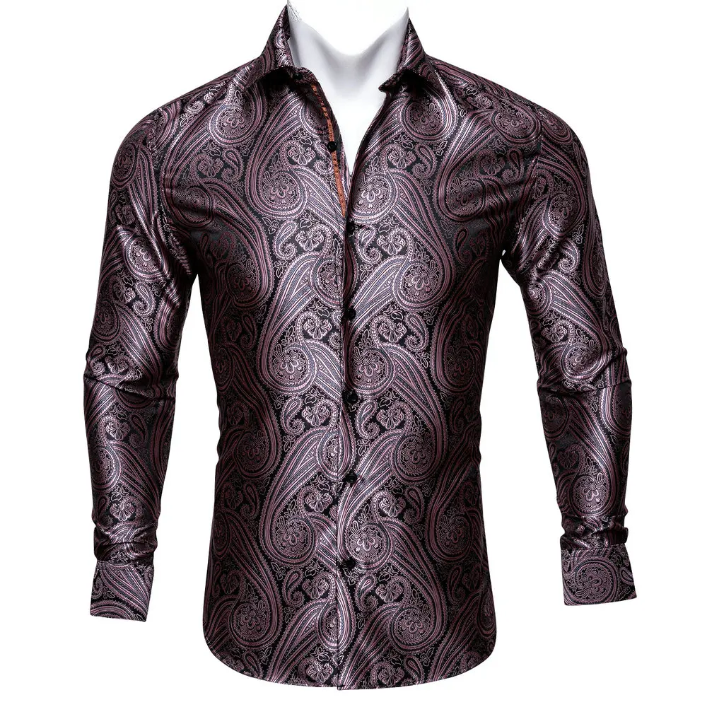 

Designer Purple Paisley Long Sleeve Polyester Mens Shirt Novelty Casual Fit Jacquard Turndown Collar Business Party Barry.Wang