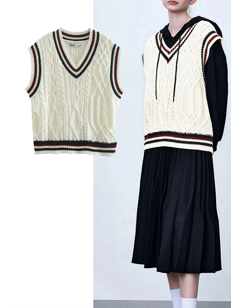 TRAF Women Vests Fashion Stripe Splicing Knitted Sweater Vest Vintage V-Neck Sleeveless Female Waistcoat Chic Tops
TRAF Women Vests Fashion Stripe Splicing Knitted Sweater Vest Vintage V-Neck Sleeveless Female Waistcoat Chic Tops
