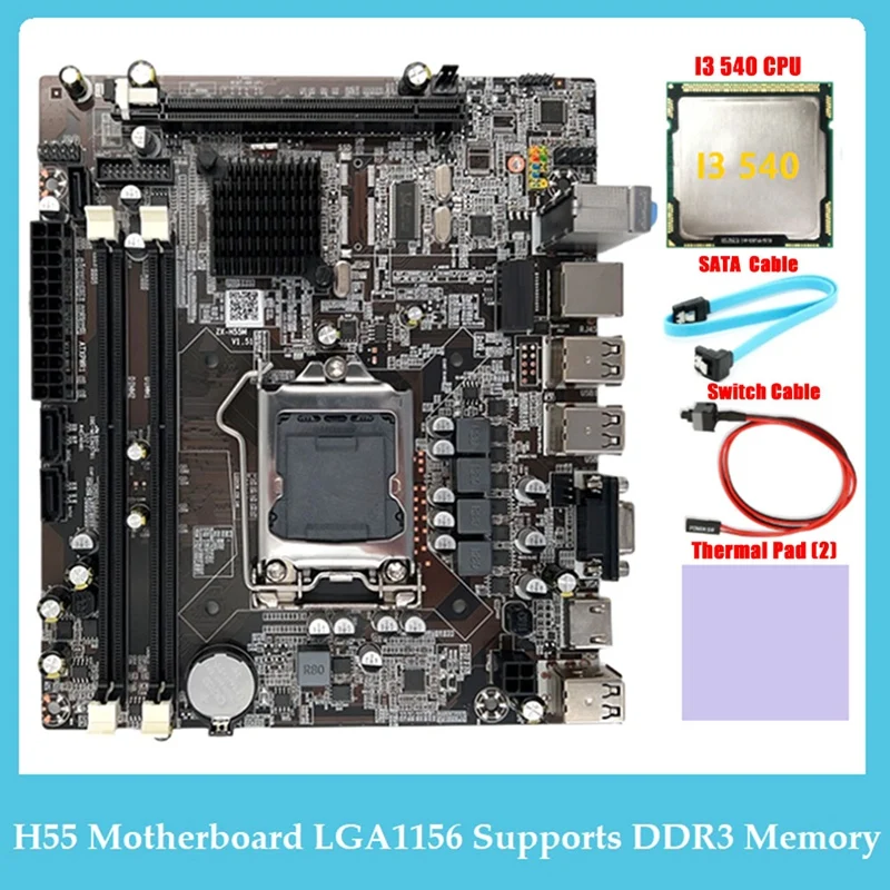 

Материнская плата H55 LGA1156 для настольного компьютера, поддерживает процессор I3 530 I5 760, память DDR3 + процессор I3 540 + кабель SATA + кабель переключа...