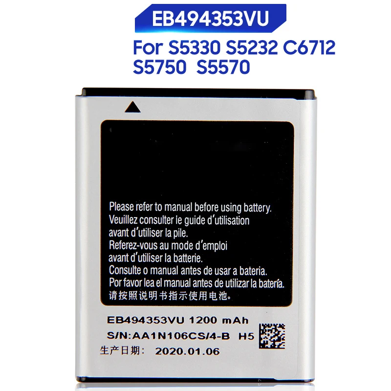Replacement Battery For SAMSUNG S5330 GT-S5570 i559 S5570 S5232 C6712 S5750 Rechargeable EB494353VU EB494353VA
Replacement Battery For SAMSUNG S5330 GT-S5570 i559 S5570 S5232 C6712 S5750 Rechargeable EB494353VU EB494353VA