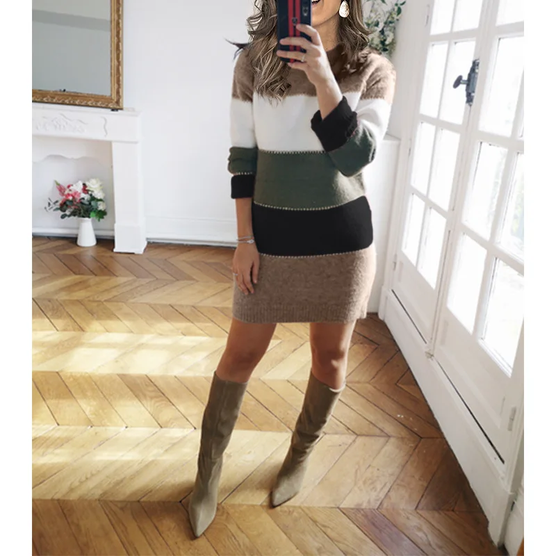 Women's 2020 New Autumn and Winter Solid Color Stitching Knitted Skirt Casual Contrast Color Round Neck Sweater Dress
Women's 2020 New Autumn and Winter Solid Color Stitching Knitted Skirt Casual Contrast Color Round Neck Sweater Dress