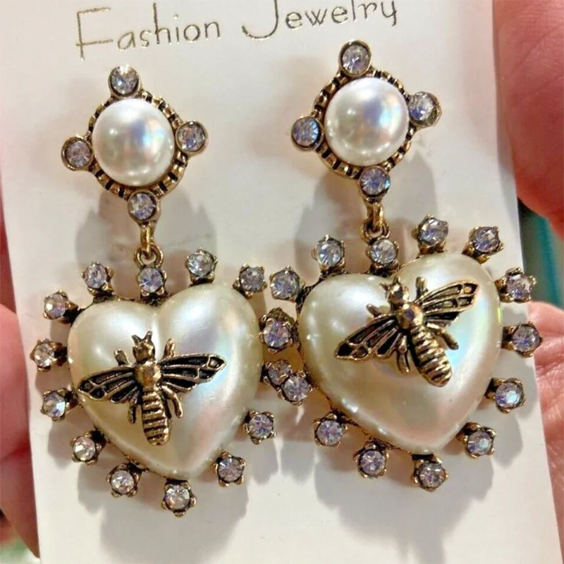 

VALENTINE'S DAY HEART EARRINGS Bee Insect Embellished Crystal Rhinestone Stud Drop Dangle Earring Gold Tone Vintage Jewelry