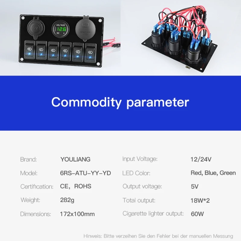 

6 Position On/off Charger Voltmeter Socket Panel USB Power Socket Voltmeter Cigarette Lighter Switch for Trucks Ships RV