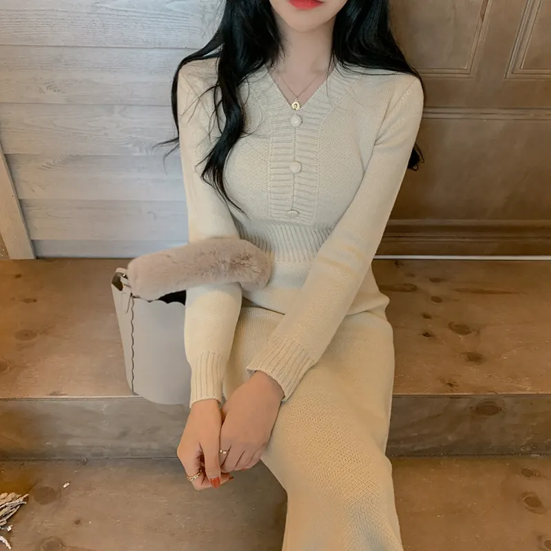 Knitting Casual Sheath Solid South Korea Autumn Winter New Versatile Waist V-Neck Long Sweater Sweater Dress
Knitting Casual Sheath Solid South Korea Autumn Winter New Versatile Waist V-Neck Long Sweater Sweater Dress