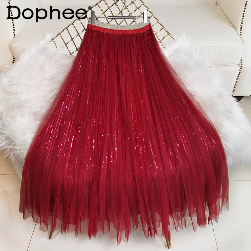 Wine Red Draping Sequin Gauze Skirt Women 2022 Spring Summer Mid-Length Sequined Seaside Holiday Wedding Skirt Pleated Skirts
Wine Red Draping Sequin Gauze Skirt Women 2022 Spring Summer Mid-Length Sequined Seaside Holiday Wedding Skirt Pleated Skirts