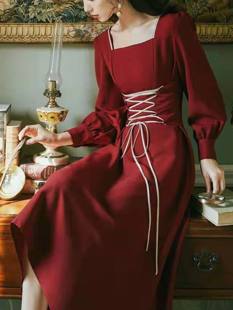 French Court Style Retro Woman Elegant Dress Square Neck Puff Sleeves Bandage Mid-Dress Chic Design Waist Fairy Bellflower Dress
French Court Style Retro Woman Elegant Dress Square Neck Puff Sleeves Bandage Mid-Dress Chic Design Waist Fairy Bellflower Dress