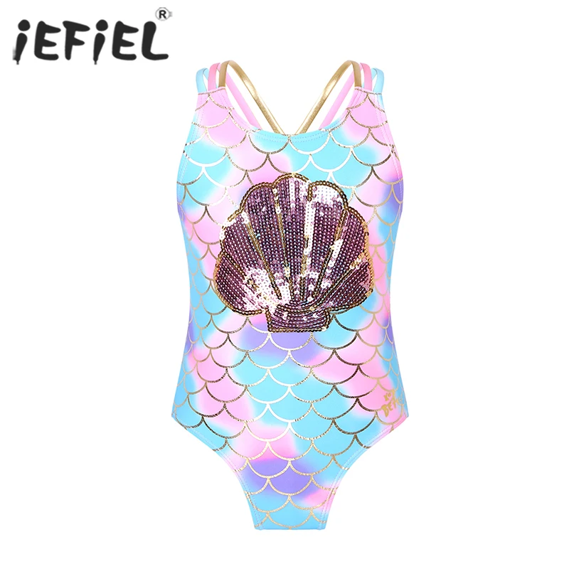 Girls Sleeveless Shell Fish Scales Print Swimwear Backless Sequins One-piece Mermaid Swimming Bodysuit Summer Swimsuit Beachwear 
Girls Sleeveless Shell Fish Scales Print Swimwear Backless Sequins One-piece Mermaid Swimming Bodysuit Summer Swimsuit Beachwear