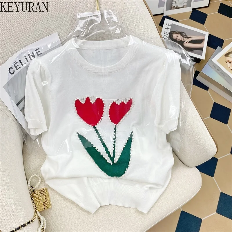 Sweet Flower Beading Short-sleeved Sweater Women's Knitted T-shirt Summer Casual Loose Ice Silk Knitwear Tops Female Tees Ins
Sweet Flower Beading Short-sleeved Sweater Women's Knitted T-shirt Summer Casual Loose Ice Silk Knitwear Tops Female Tees Ins