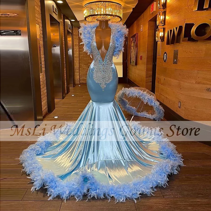 Luxury Blue Mermaid Prom Dresses For African Black Girls Crystal Beads Feathers V Neck Ruffles Backless Graduation Evening Dress
Luxury Blue Mermaid Prom Dresses For African Black Girls Crystal Beads Feathers V Neck Ruffles Backless Graduation Evening Dress