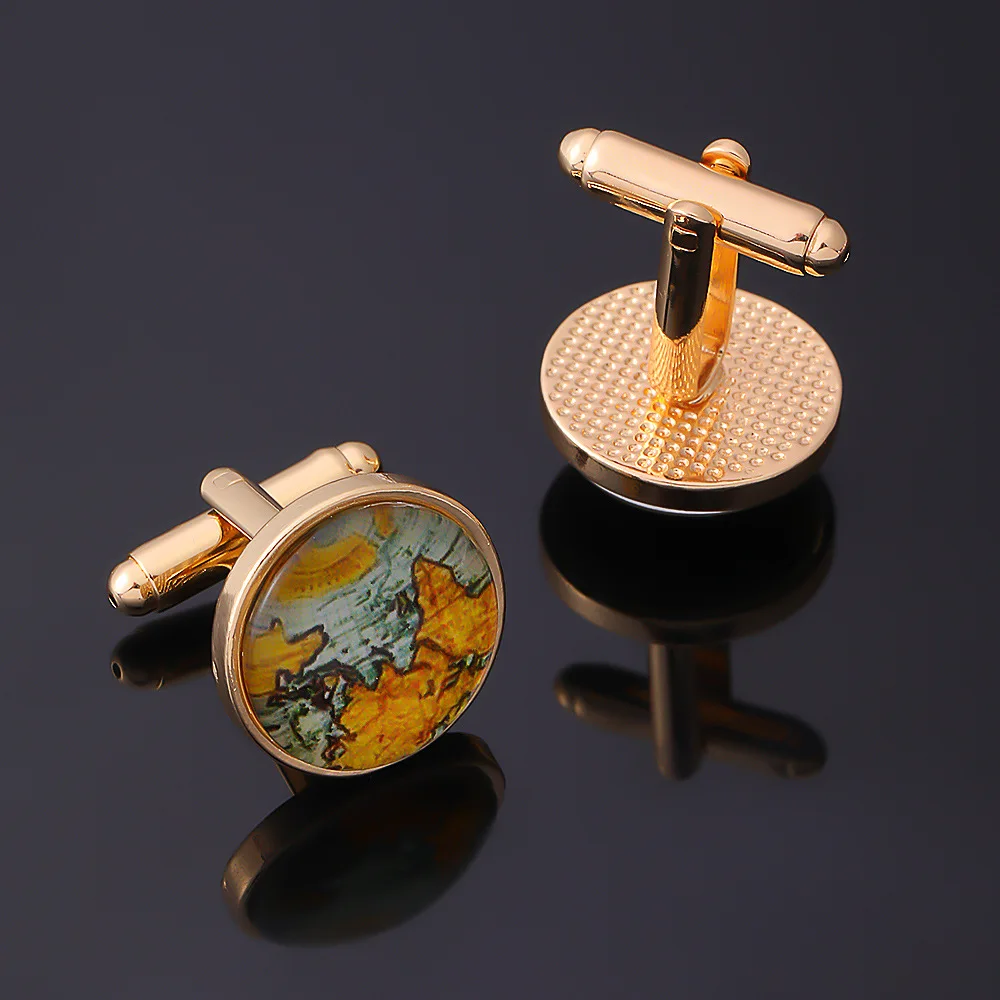 

Hot New Product Earth Planet World Pattern Time Gem Men's Cuff Metal French Cufflinks