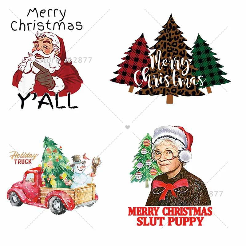 

DIY Clothing Heat Transfer Santa Claus ELF Red Truck Christmas Tree Vinyl Stickers Iron on Patches DTF Transfers for Clothing