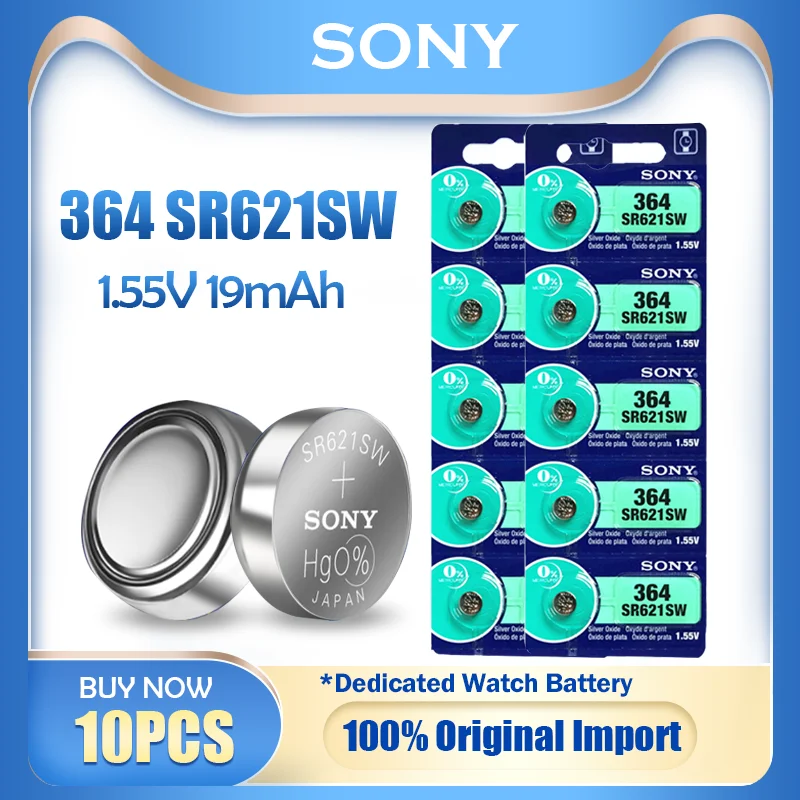 

10PCS Original Sony 364 SR621SW SR621 AG1 LR60 SR60 V364 164 1.55V Silver Oxide Button Coin Cell Toy Watch Battery MADE IN JAPAN