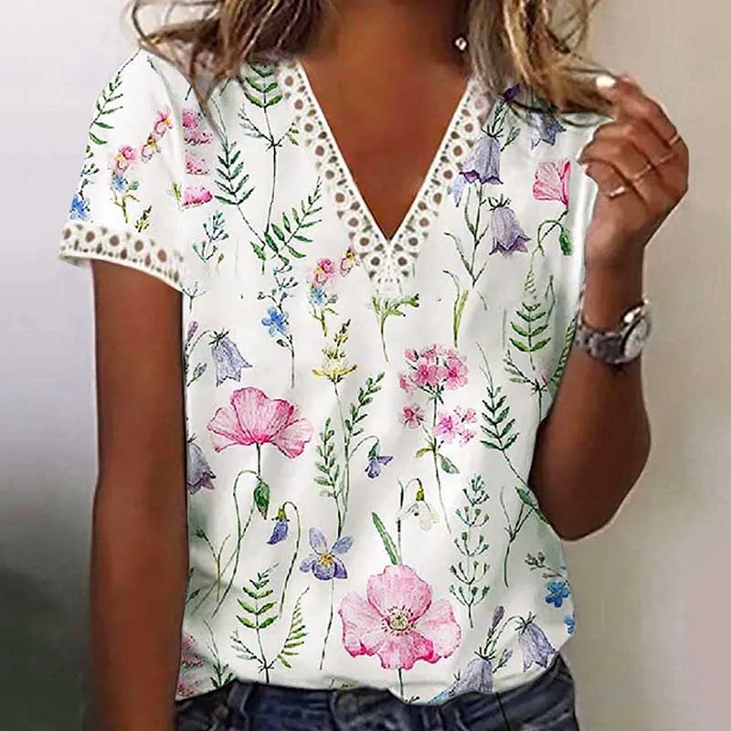 Fashion V-neck Tops for Women Summer All-match Elegant Casual T-shirt Good Quality Flower Printing Female's Nice Tees SY2514
Fashion V-neck Tops for Women Summer All-match Elegant Casual T-shirt Good Quality Flower Printing Female's Nice Tees SY2514