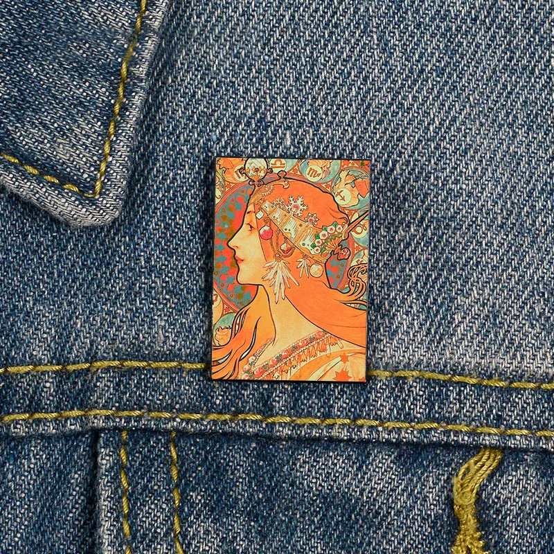 

70's Vintage Alphonse Mu cha Printed Funny vintage Brooches Shirt Lapel teacher Bag Cute Badge Cartoon pins for Lover Girl