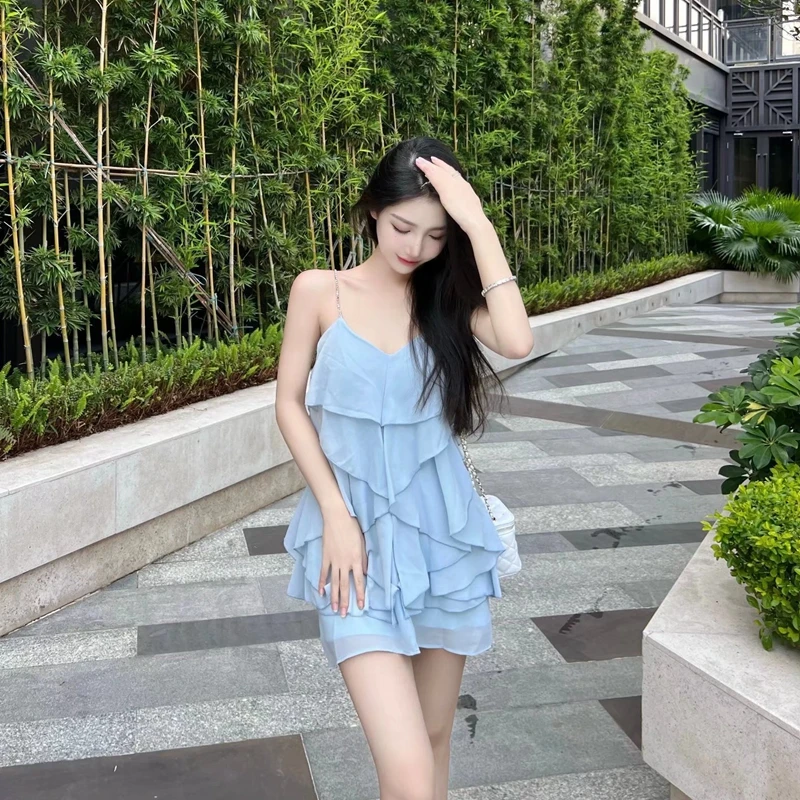 Женское шифоновое платье с оборками, легкая Роскошная синяя трапециевидная юбка с металлической цепочкой на подтяжках, лето 2022 
Женское шифоновое платье с оборками, легкая Роскошная синяя трапециевидная юбка с металлической цепочкой на подтяжках, лето 2022
