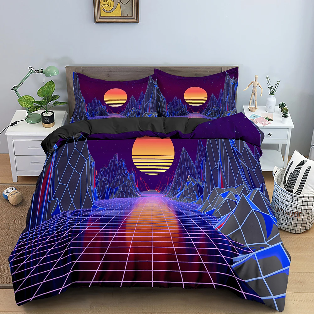 

Comforter Cover for Kids Abstract Psychedelic Bedding Set Queen Size Geometric Pattern Duvet Cover Set Retro Future Polyester