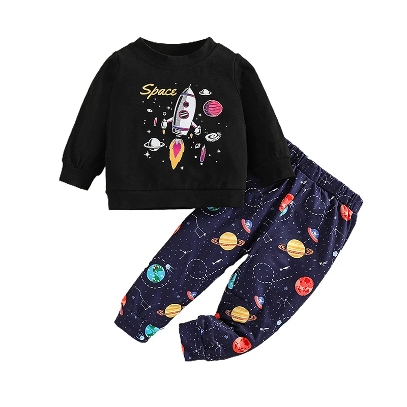 Baby's Two-Piece Suit, Infant Toddler Boy Girl Rocket Planet Print Long Sleeve Pullover Tops + Pants
Baby's Two-Piece Suit, Infant Toddler Boy Girl Rocket Planet Print Long Sleeve Pullover Tops + Pants