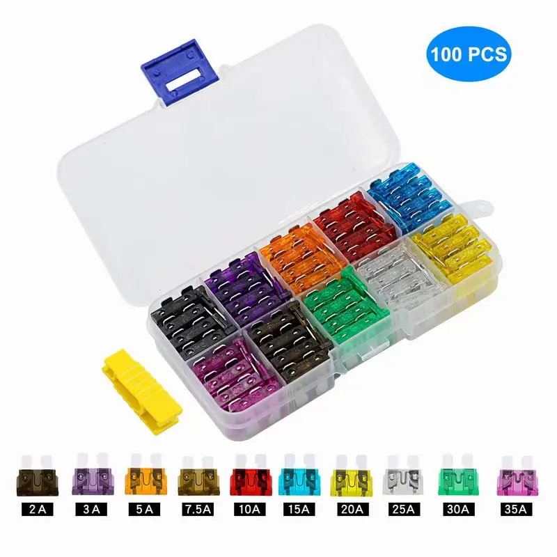 

100Pcs Auto Truck Standard Blade Fuse Car Fuses Kit Assorted 2.5/3/5/7.5/10/15/20/25/30/35A Car Fuse Assortment With Box Clip