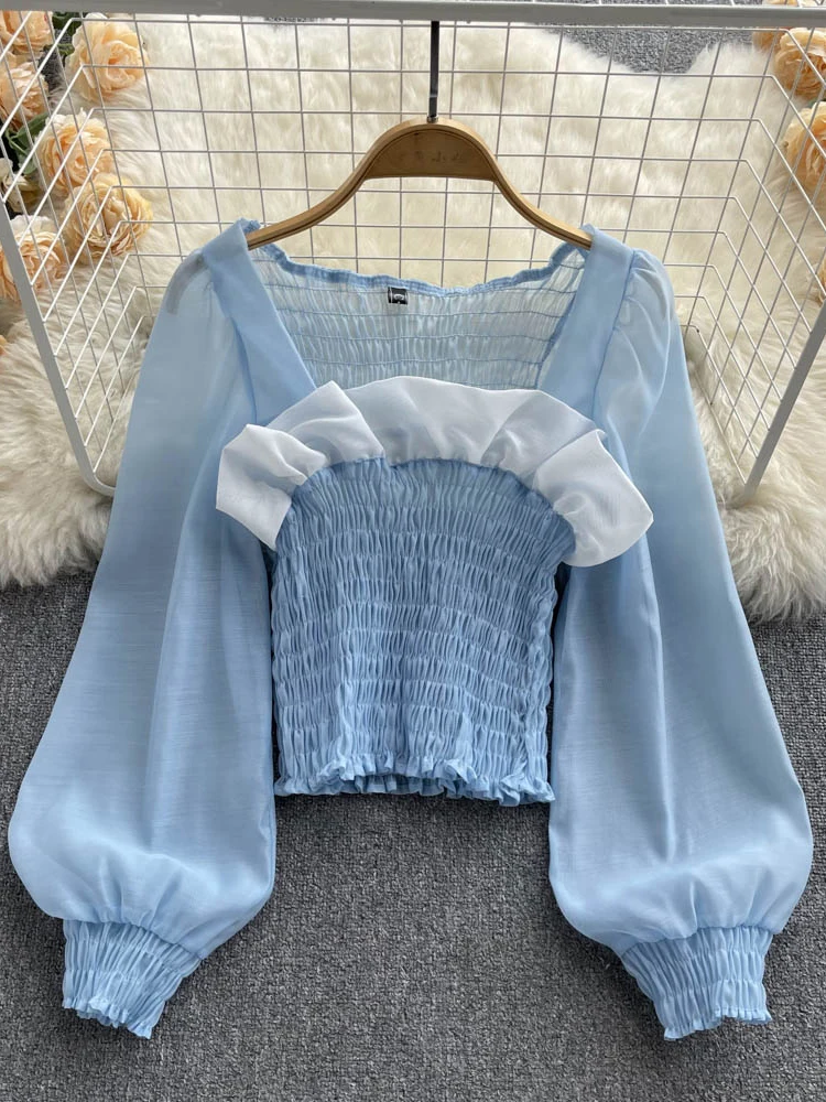 Women 2022 New Color Matching Fungus Edge Square Collar Short Autumn Dress Pleated Slim Puff Sleeves Blouse Tops Female D0906
Women 2022 New Color Matching Fungus Edge Square Collar Short Autumn Dress Pleated Slim Puff Sleeves Blouse Tops Female D0906