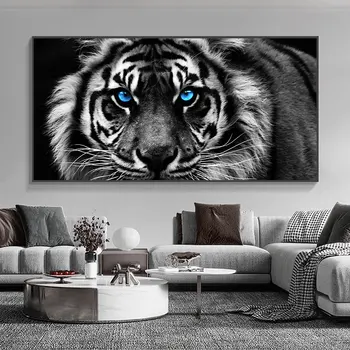 Blue Eyes Tiger Poster Black White Animal Canvas Painting Interior Wall Art Prints Pictures for Living Room Home Decor No Frame