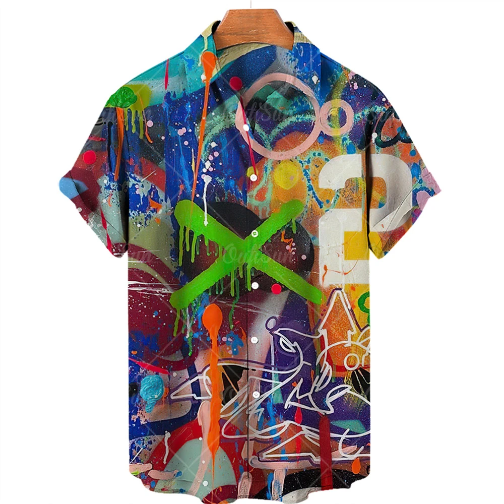 

2022 Cool Thin Breathable Collar Short Sleeve Shirt Graffiti Dyeing Casual Harajuku Summer Men's Hawaiian Shi