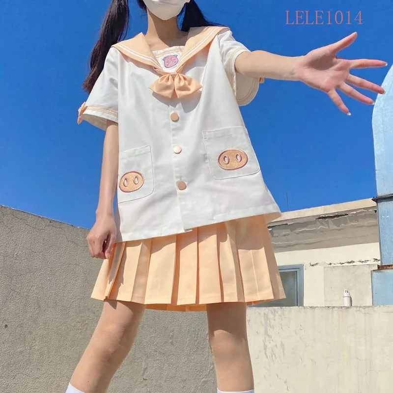 

Summer New Style Women Kindergarten College Style JK Uniform Long Sleeve Sailor Suit Cute Bow Top+Orange Pleated Skirt Two Sets