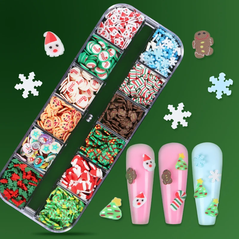 

12 Grids Christmas Snowflake Nail Decorations Candy Santa Claus Polymer Clay Slice DIY Nail Supplies for Professionals Accessory
