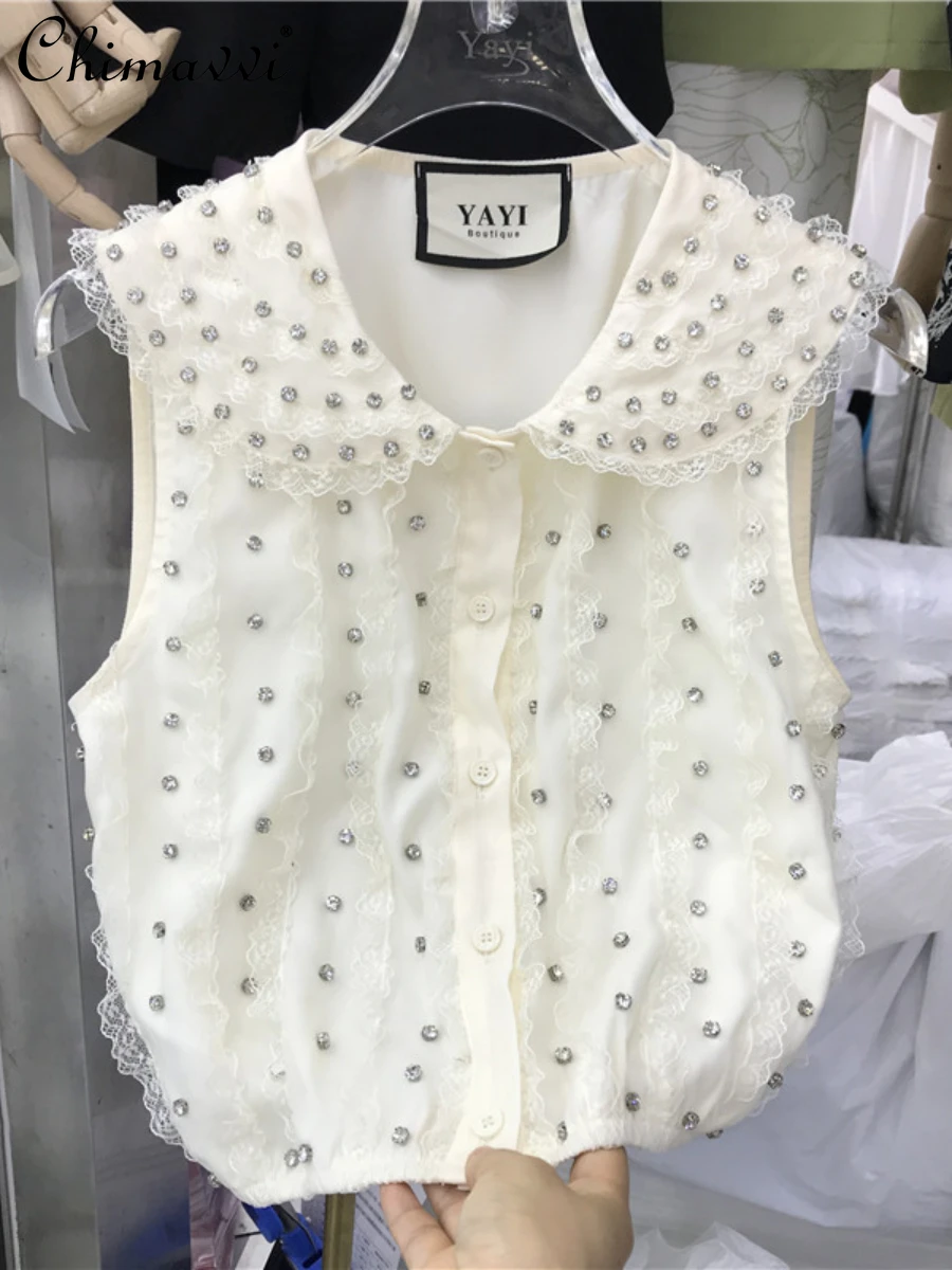 2022 Summer New Sweet Peter Pan Collor Lace Sleeveless Blouse Female Solid Color Fashion Diamond Slim Chiffon Shirt for Ladies
2022 Summer New Sweet Peter Pan Collor Lace Sleeveless Blouse Female Solid Color Fashion Diamond Slim Chiffon Shirt for Ladies