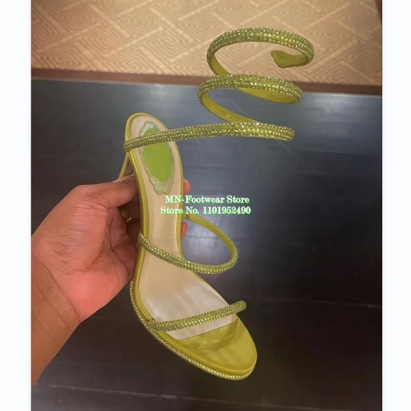 

New Women Shoes Fluo Yellow Chandelier Embellished Satin Sandals Snake-like Ankle Straps Shimmering Crystals Sandals Stiletto 43