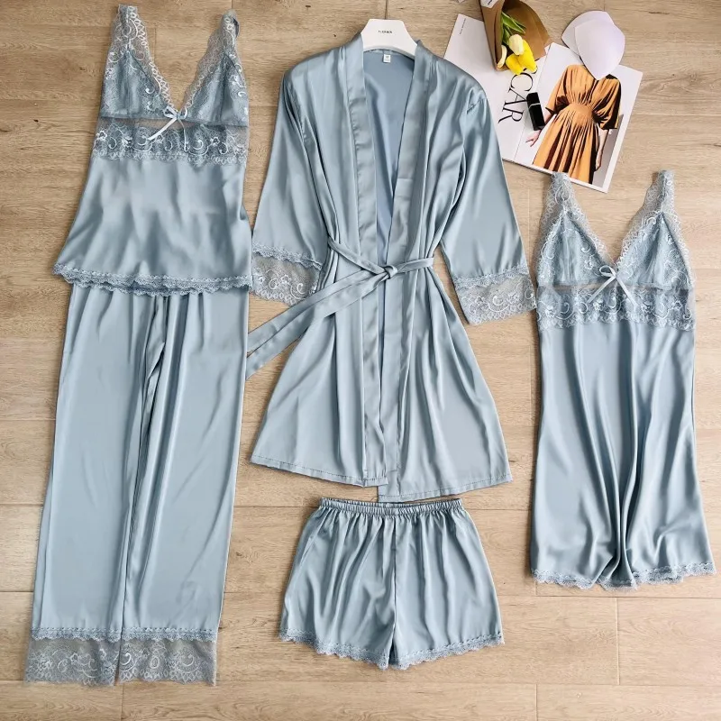 Sexy Women Kimono Nightgown Sleepwear Trouser Suits Loose Silk Satin Lounge Wear Nightwear New Patchwork Lace 5Pcs Pajamas Set
Sexy Women Kimono Nightgown Sleepwear Trouser Suits Loose Silk Satin Lounge Wear Nightwear New Patchwork Lace 5Pcs Pajamas Set