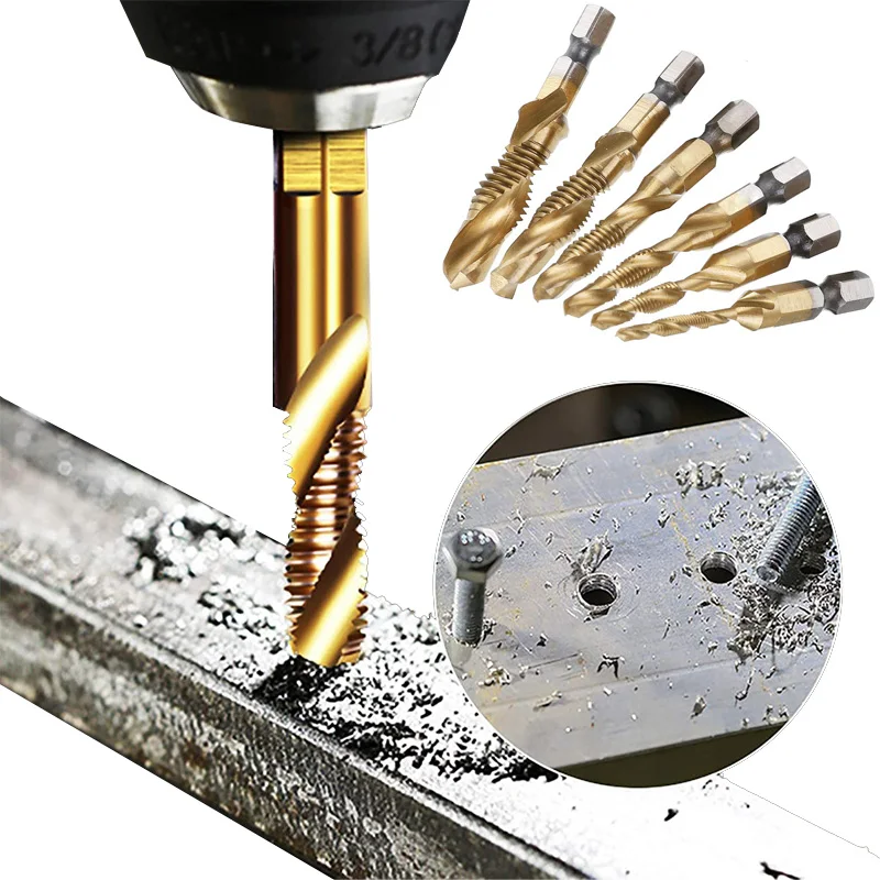Набор титановых комбинированных сверл, 6 шт., набор нарезающих винтов 1/4 дюйма, шестигранный хвостовик, быстрорежущая сталь, быстрорежущая сталь для сверления и зенковки 
Набор титановых комбинированных сверл, 6 шт., набор нарезающих винтов 1/4 дюйма, шестигранный хвостовик, быстрорежущая сталь, быстрорежущая сталь для сверления и зенковки