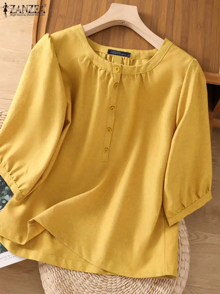 

Fashion Round Neck Blouse ZANZEA Women Solid Color Shirts Casual Loose Puff Half Sleeve Tunic 2023 Summer Buttons Pleating Blusa