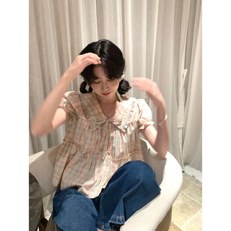 Loose Summer Contrast Color Plaid Striped Peter Pan Collar Sweet Camisas Short Length Y2k Shirts Women Lace-up Chemise Femme
Loose Summer Contrast Color Plaid Striped Peter Pan Collar Sweet Camisas Short Length Y2k Shirts Women Lace-up Chemise Femme