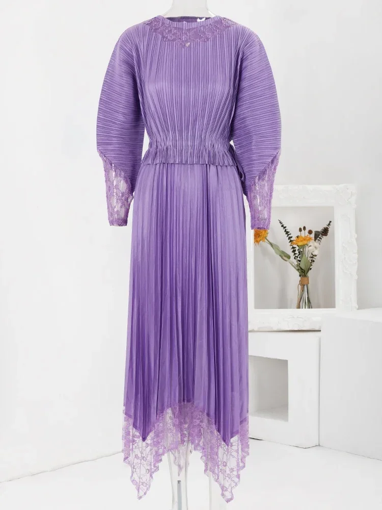 Miyake Original Fashion Party Pleated Purple Dress Women Round Neck Lace Spliced Long Sleeves Irregular Dresses Elegant 2023 New
Miyake Original Fashion Party Pleated Purple Dress Women Round Neck Lace Spliced Long Sleeves Irregular Dresses Elegant 2023 New