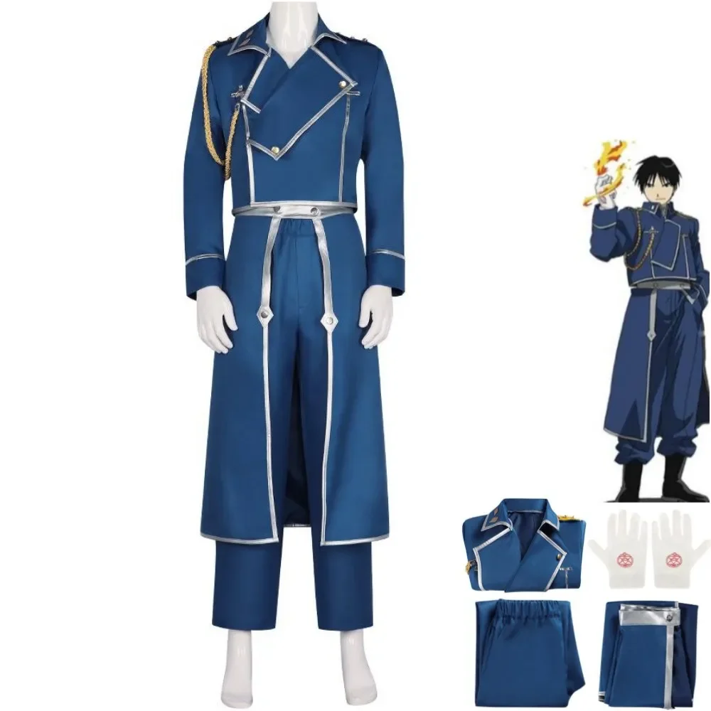 

Anime Fullmetal Alchemist Roy Mustang Edward Elric Cosplay Costume Blue Military Coat Uniform Full Set Man Carnival Suit