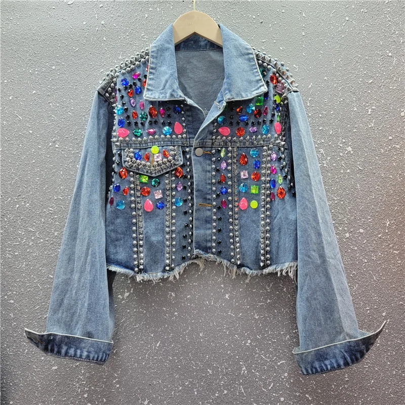 

Spring Women Blue Short Denim Jacket Streetwear Casual Beaded Rivet Diamond Frayed Burrs Hem Lapel Long Sleeve Jeans Jacket Coat