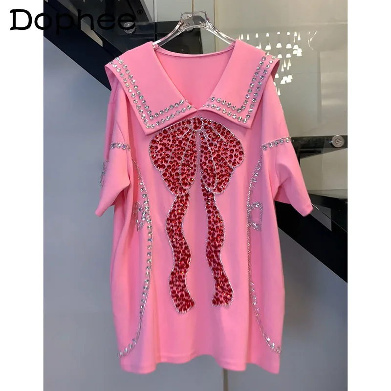 Exquisite Rhinestone Sailor Collar Sweet Pink Short Sleeve T-shirt Women's Summer New Loose Mid-Length Tshirt Top Kawaii Clothes
Exquisite Rhinestone Sailor Collar Sweet Pink Short Sleeve T-shirt Women's Summer New Loose Mid-Length Tshirt Top Kawaii Clothes