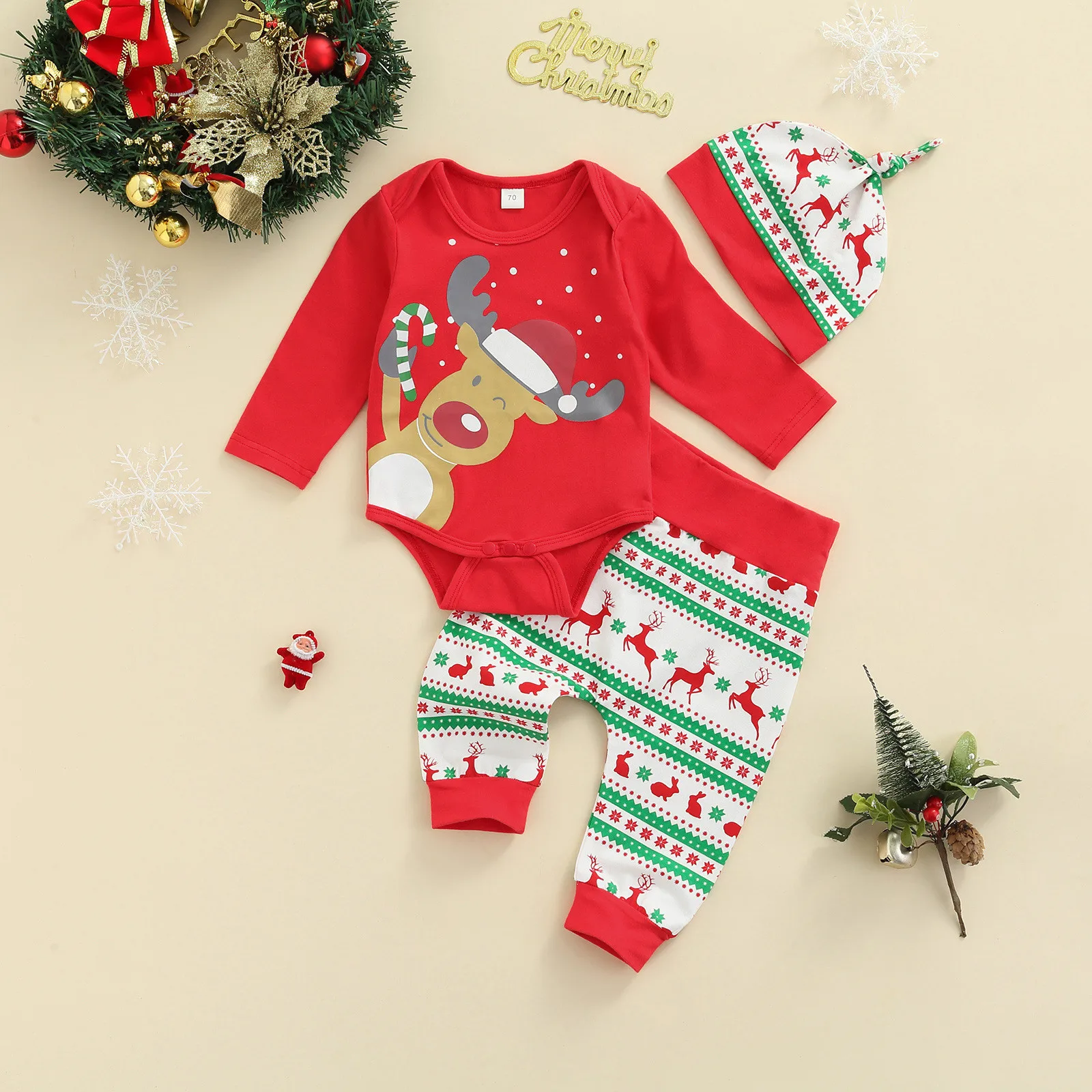 

Infant Baby Girls Boys Christmas Clothes Set 3pcs Deer Print Long Sleeve Romper+Snowflake Print Trousers+Pointed Hat 0-18 Months