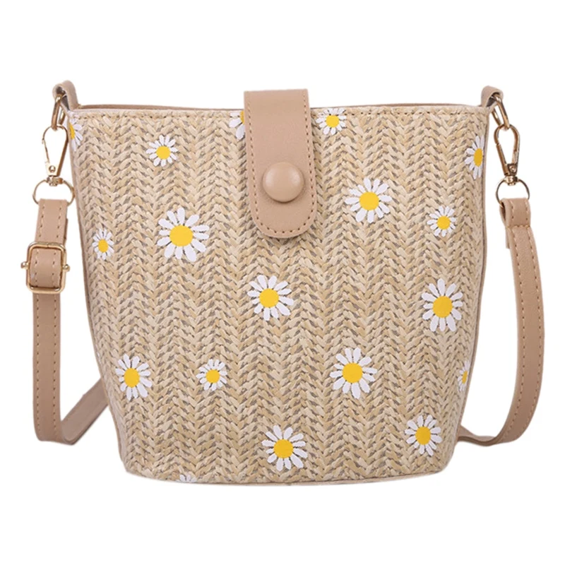 

Small Daisy Straw Woven Women's Messenger Bag Fashion Chain Bucket Bag Bohemian Handbag Schoolgirl Bag